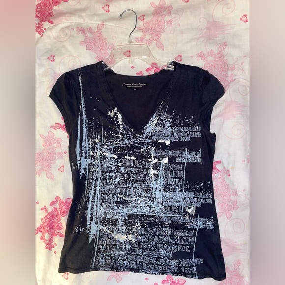 Y2K Calvin Klein Jeans P/L women’s short sleeve black and silver top - Picture 1 of 2